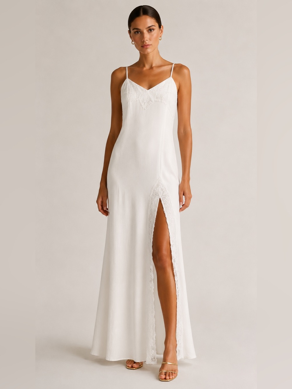 Fame and Partners white lace trim spaghetti strap slip cut gown front slit  8